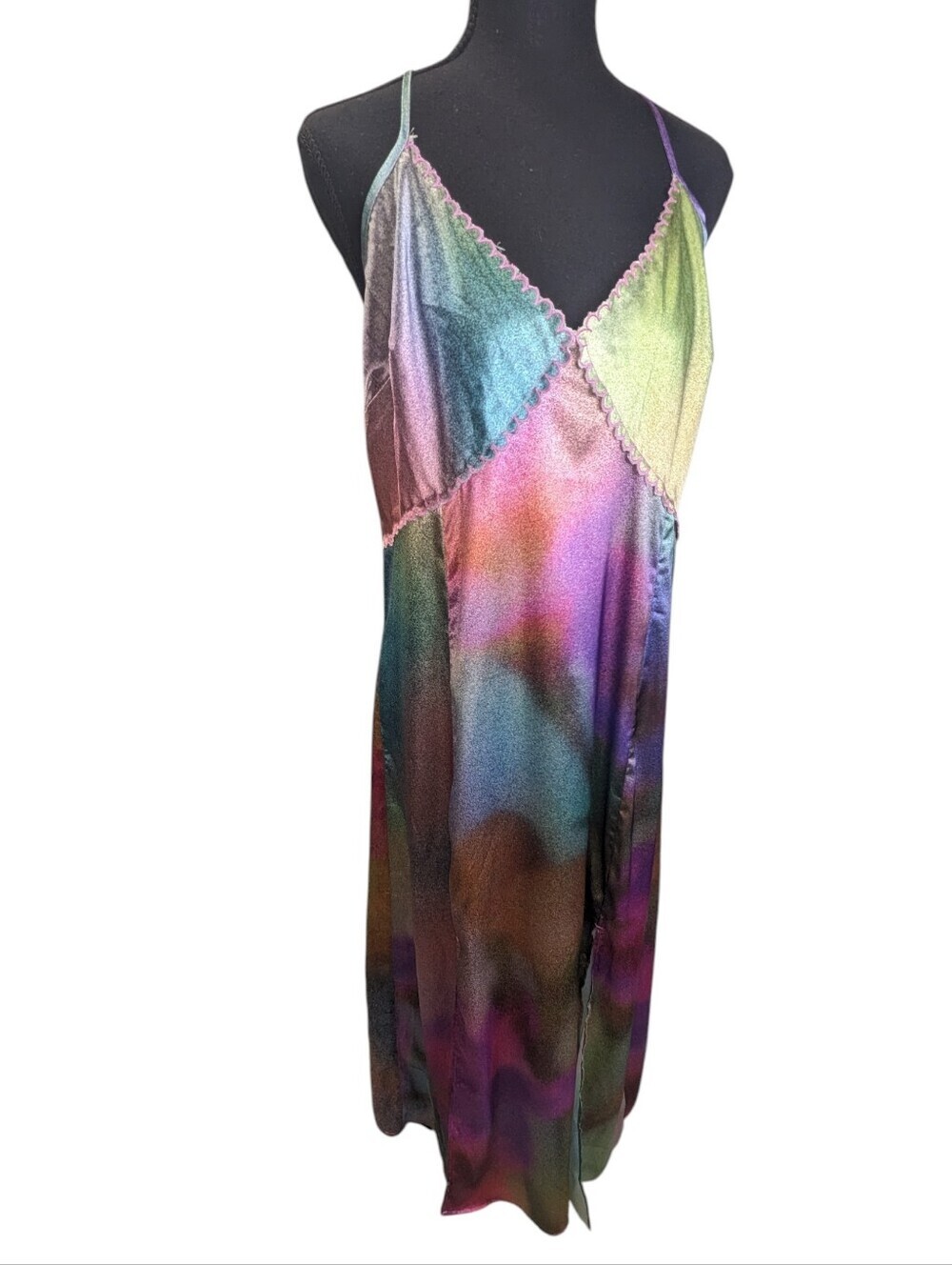 Anthropologie New Ceci Erlich Scalloped Muliicolor Satin Slip Dress XL Flaws